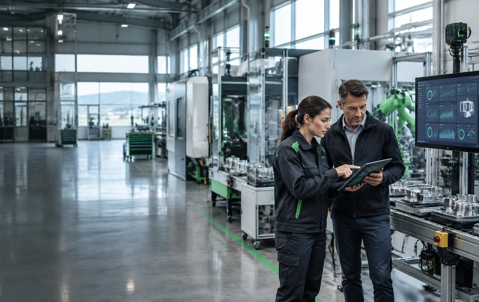 Equipo industrial revisando datos de un proyecto de innovación en planta