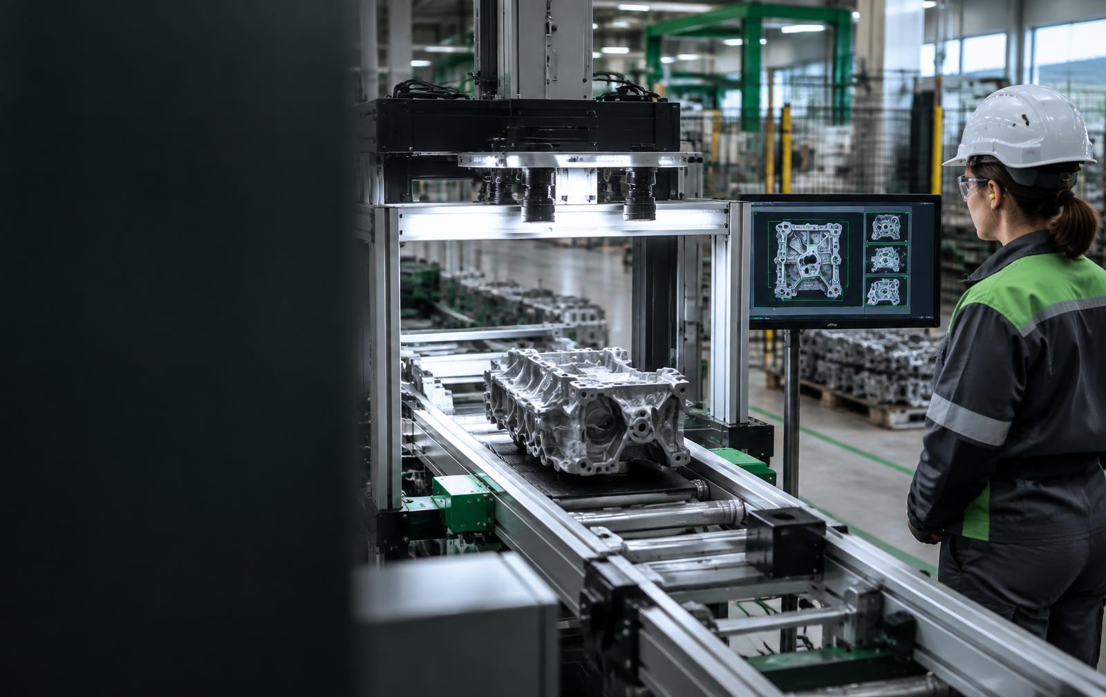 Sistema de visión artificial inspeccionando piezas de fundición en una línea industrial